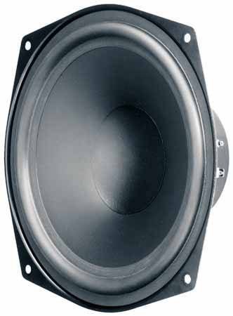 A black loudspeaker in close-up, showing the circular membrane and outer frame.