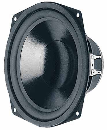 Speaker driver in a black enclosure with a round membrane and four mounting points.