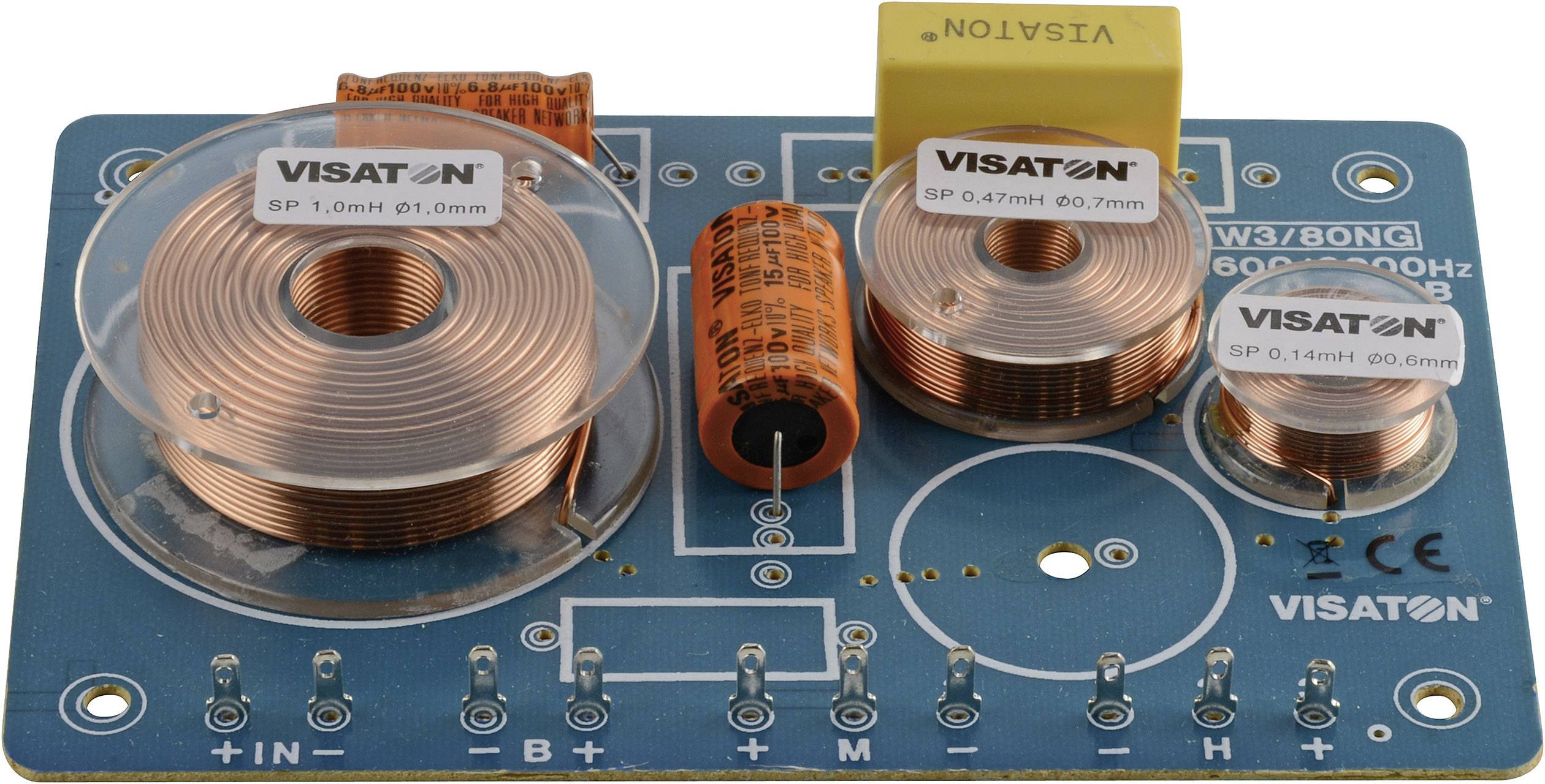 A crossover network with three copper coils, a yellow capacitor, and an orange component, mounted on a blue circuit board.