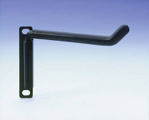 Black metal carrier with L-shaped structure against a blue background, serves as a wall-mounted shelf bracket.