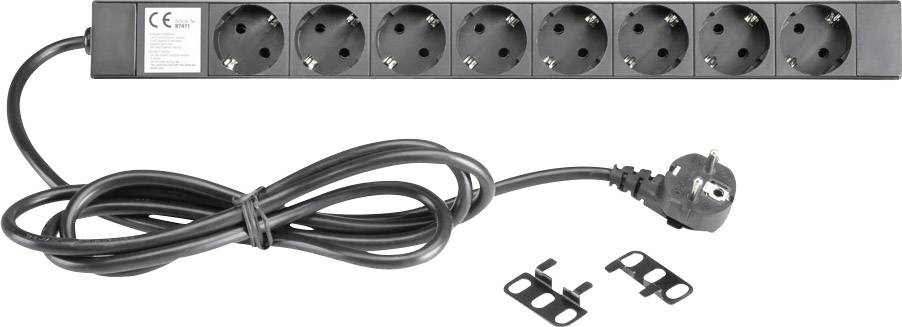 A black seven-socket extension block with a long cable. Includes two mounting clips for wall attachment.