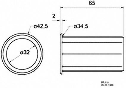 Technical drawing of a cylindrical object with diameters: external 42.5 mm, internal 32 mm; length 65 mm. Side and top view.