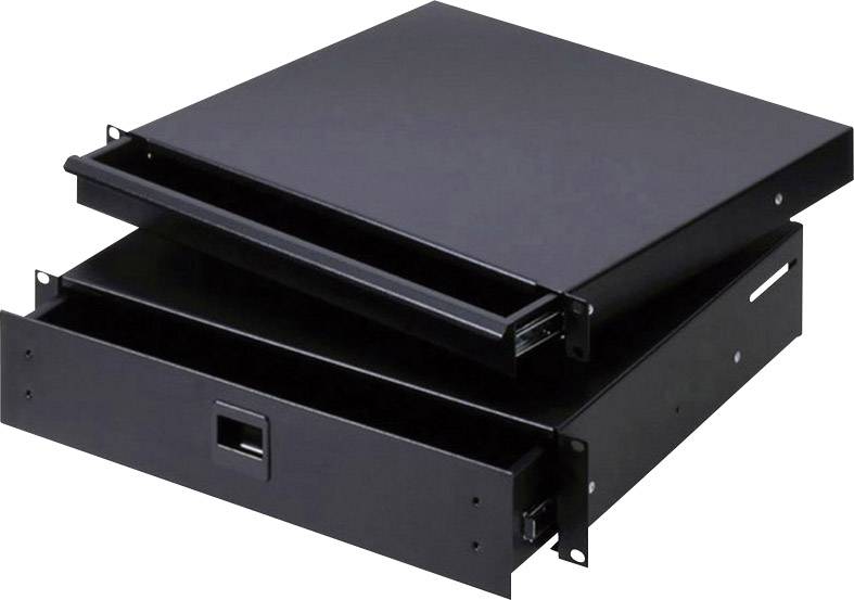 Two black rackmount computer cases, one with an extended drawer, stacked on top of each other.