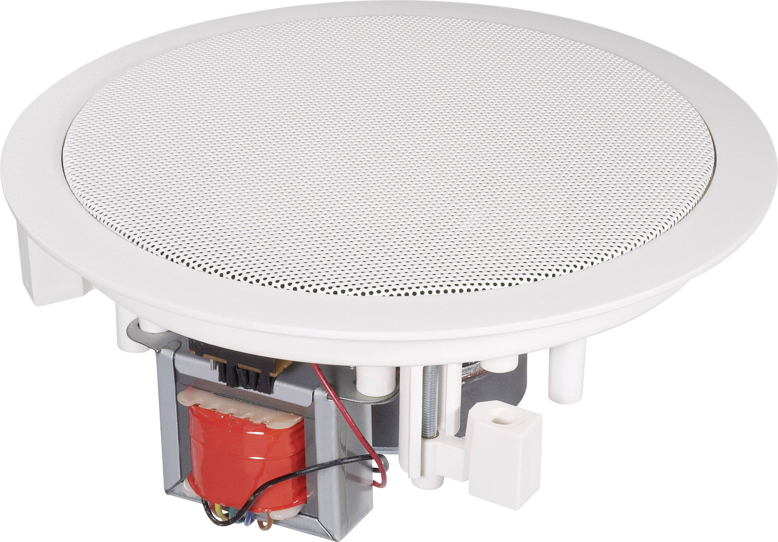 A circular ceiling speaker unit with visible internal cables and a red transformer at the bottom.