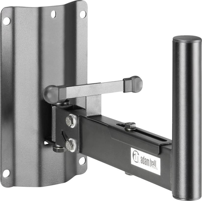 Metal wall-mounting bracket for speakers, black, with adjustable arm and mounting options.