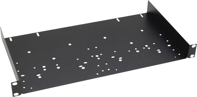 Black server shelf, low-profile with pre-drilled holes for mounting in a network or server rack; suitable for electronic devices.