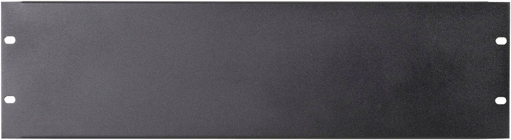 Black metal rack blanking panel, rectangular with four screw holes, used for covering unused rack mounting spaces.