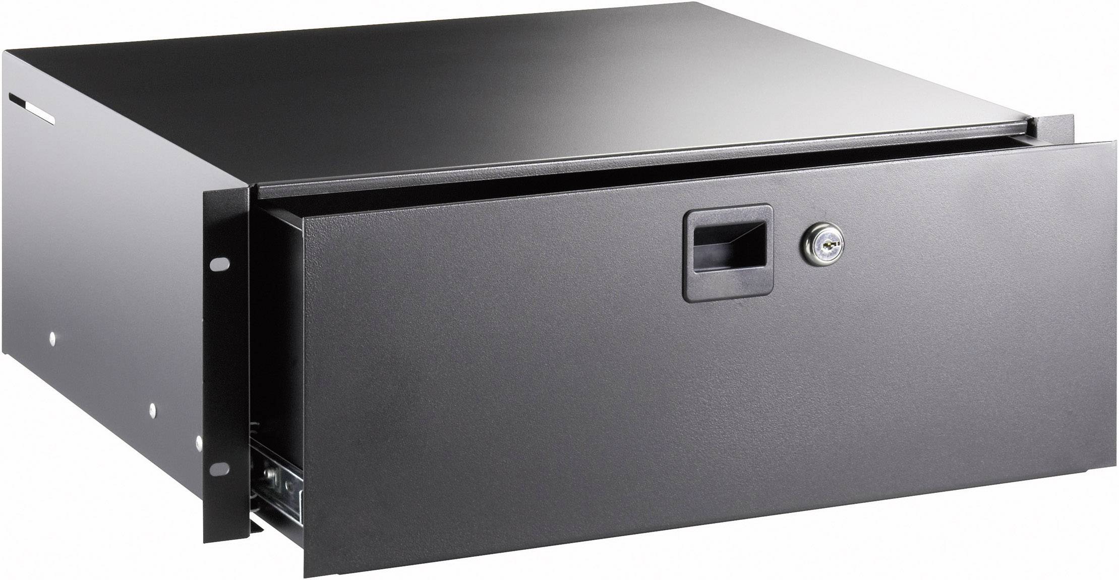 A black, rectangular equipment cabinet with a drawer, open sides and a lock on the front.
