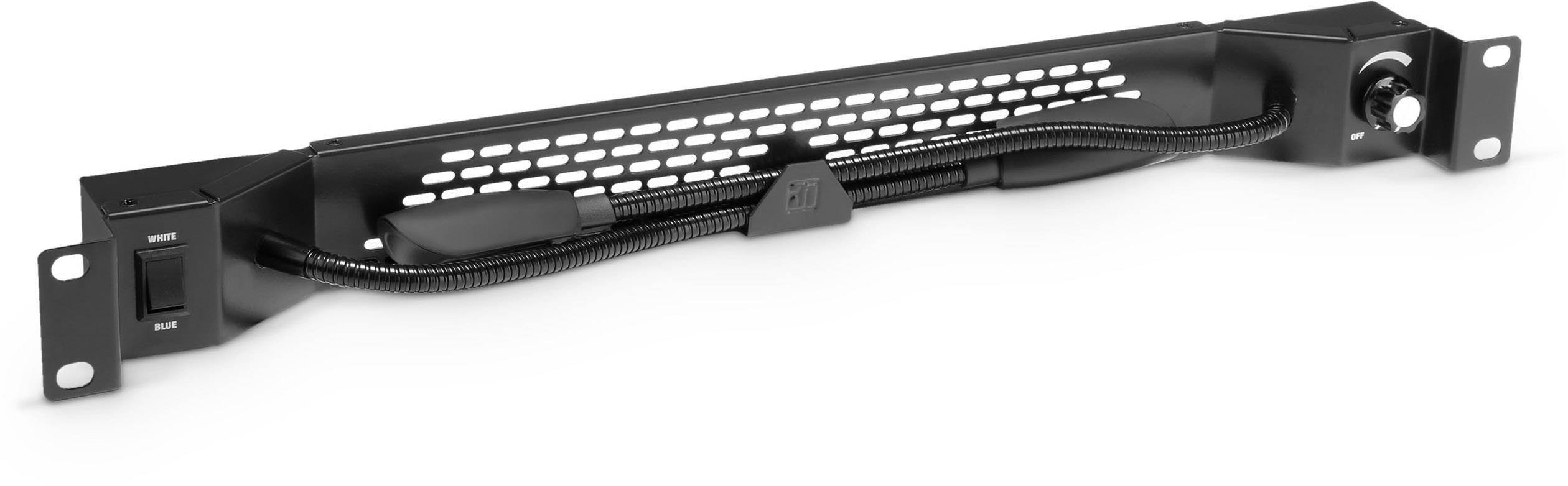 A black rack fan module with a switch and ventilation grilles, designed for cooling electronic devices in server racks.