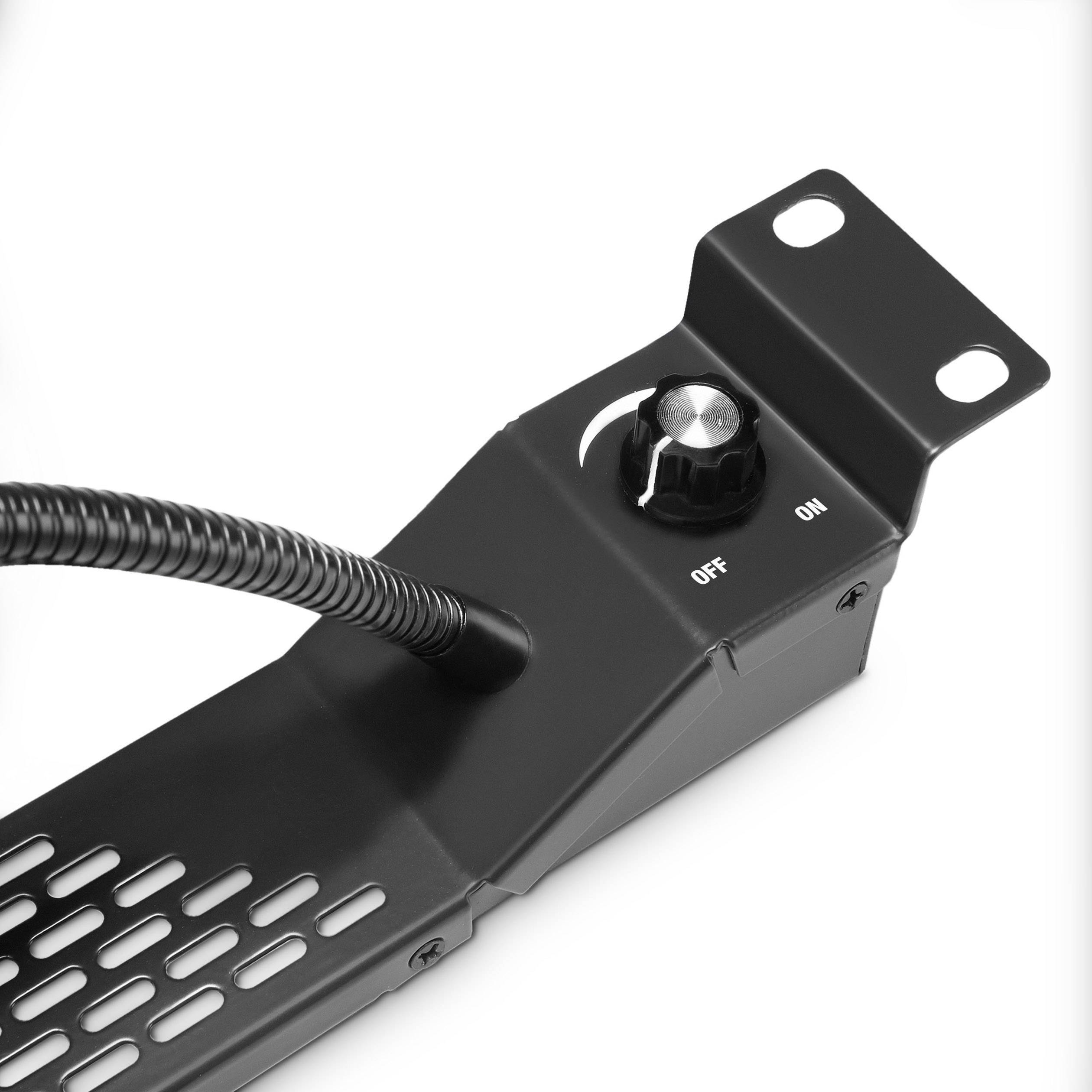 A black metal fan heater with a rotary switch and a perforated pattern on the side, mounted on a bracket.
