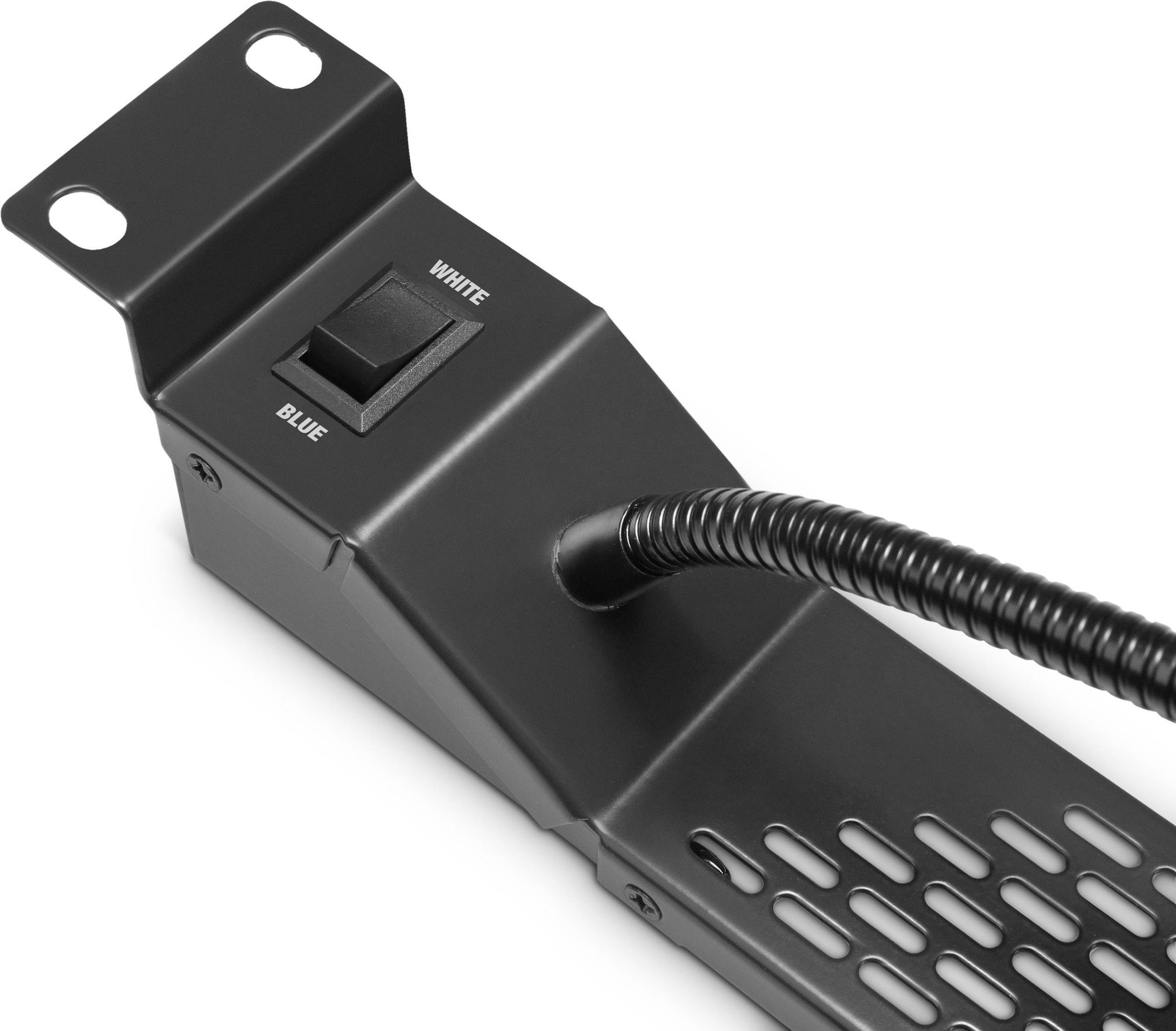 A black metal frame with a switch. The switch has two positions: 'White' and 'Blue'. A cable is attached to the frame.