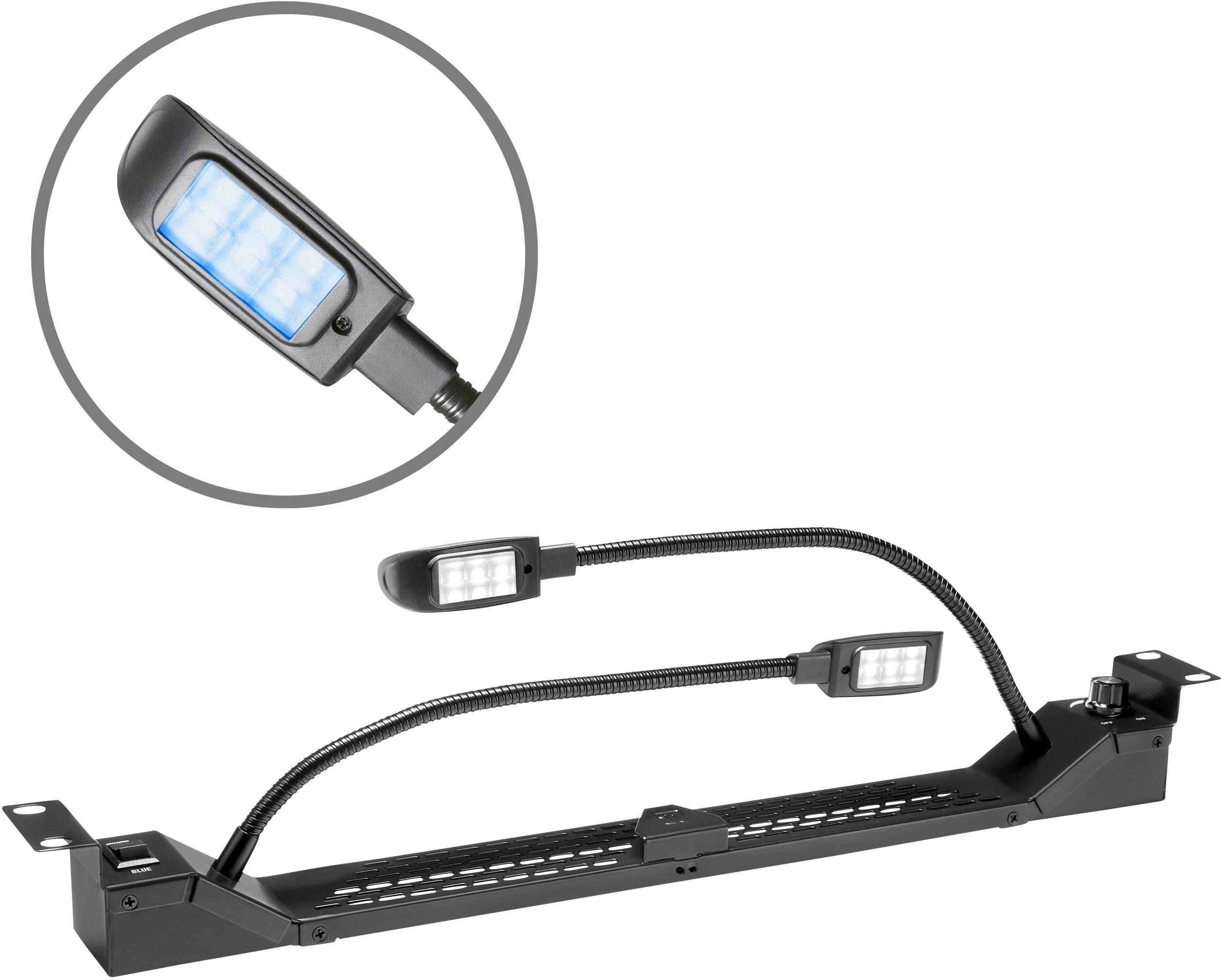 A black LED light with a flexible arm, mounted on a rack. The illuminating blue LED panel is visible in the circle.