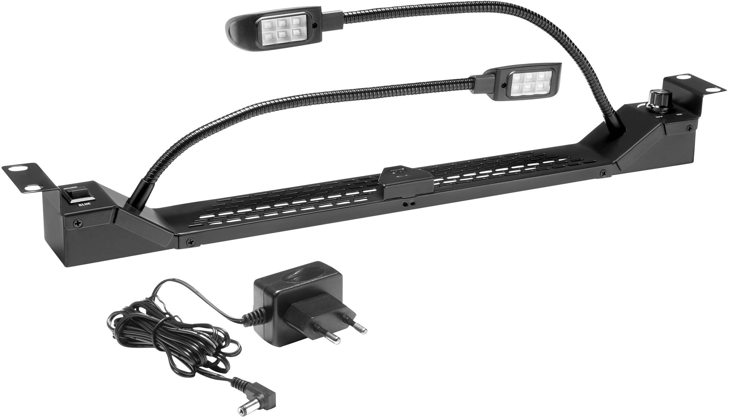 LED light with two flexible arms, suitable for illuminating sheet music on a music stand. Includes power cable.