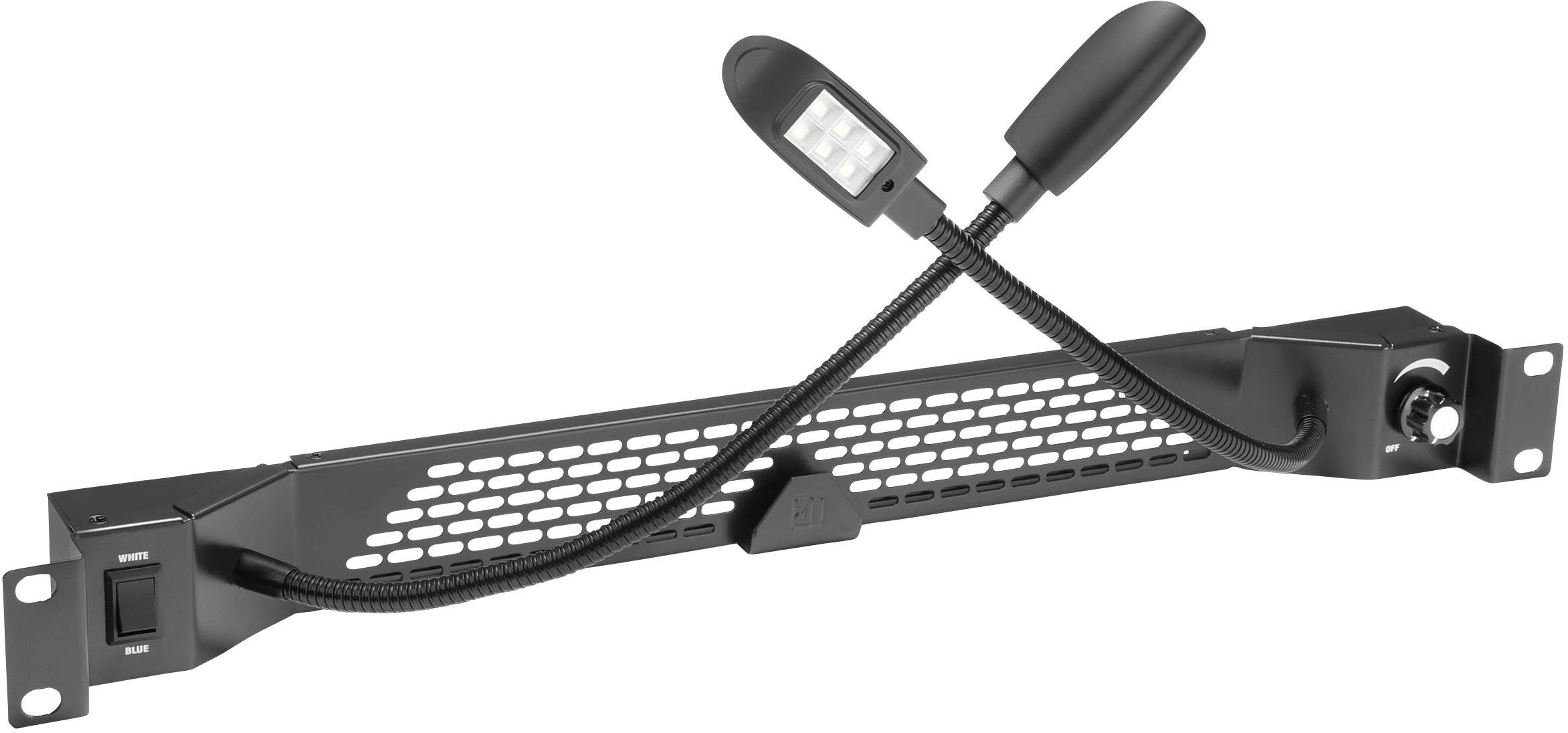 Black LED light bar with flexible arm, mounted on a metal grid. A switch is located on the left. Ideal for illuminating racks.