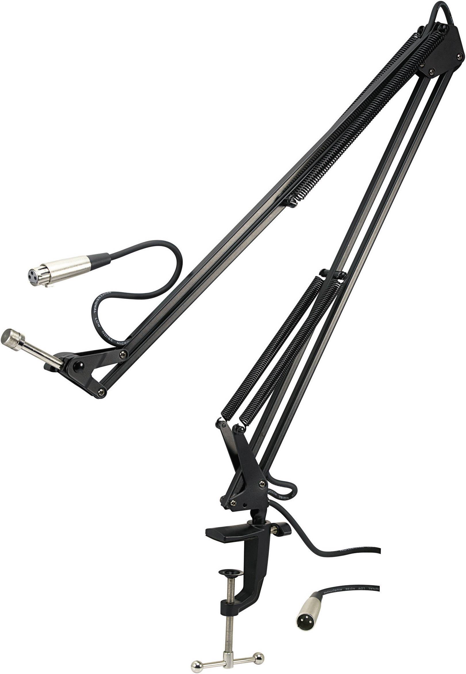 A black, adjustable microphone arm with desk clamp. Suitable for microphones with XLR connection, ideal for podcasts and recordings.