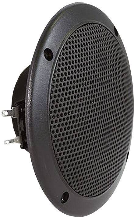 Black, round speaker with metal grille and connections visible on the side.