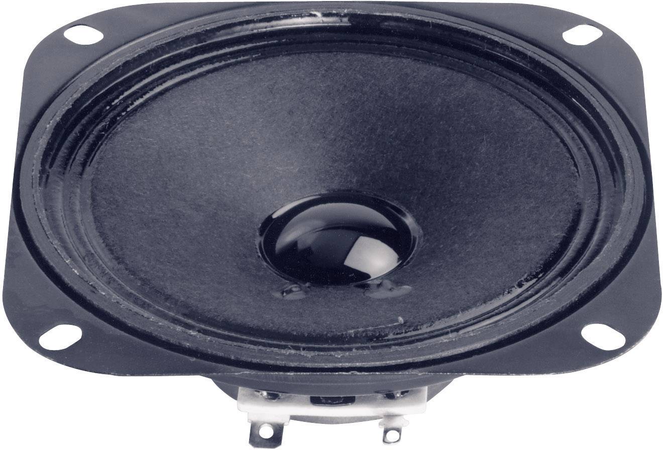 A black speaker with a rectangular frame and circular membrane, visible from the front. Ideal for audio output devices.