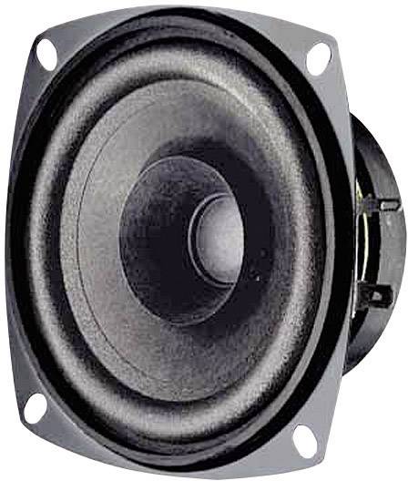 A clear, round speaker, suitable for audio output devices, with four mounting points at the corners of the square cover.