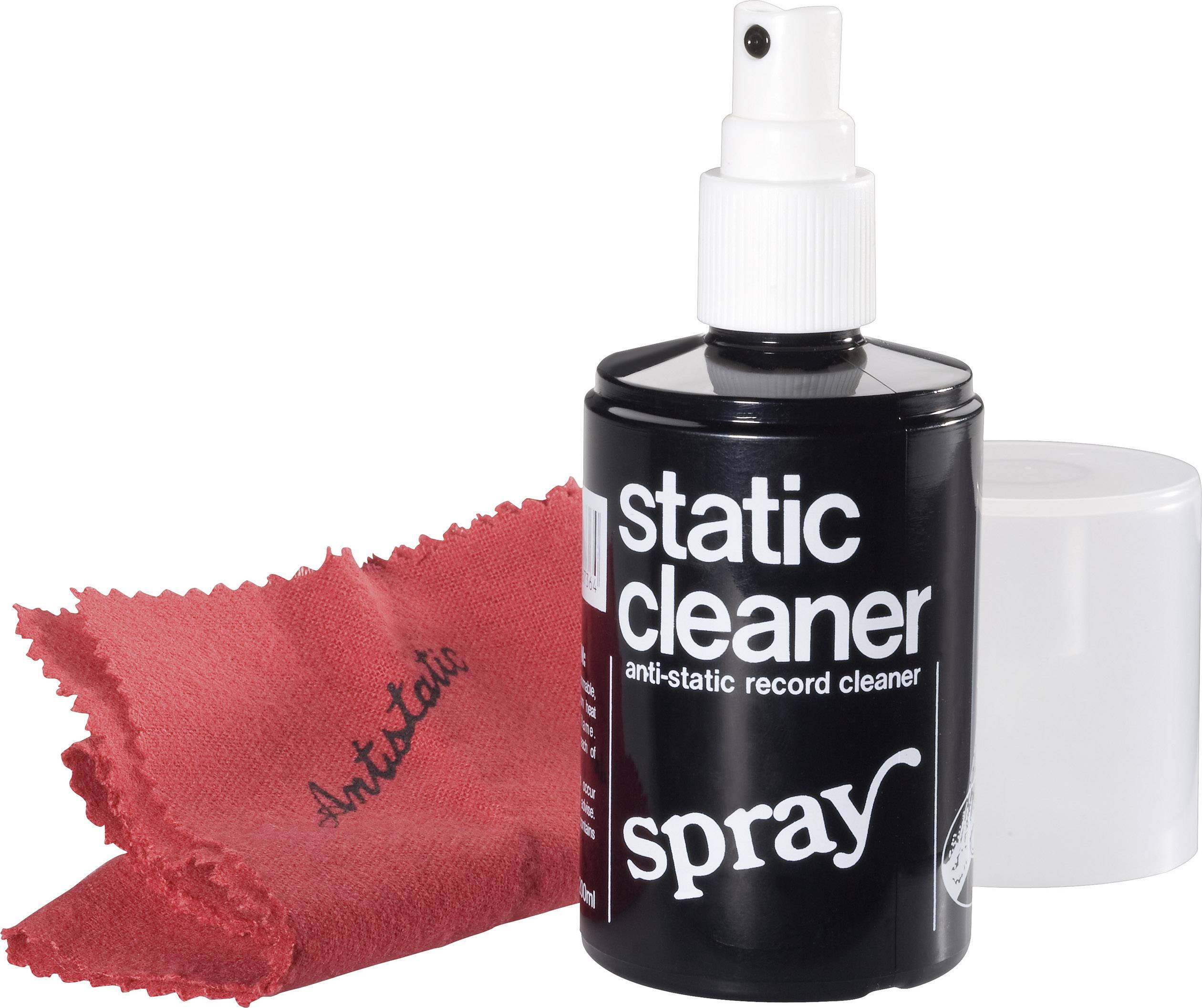 Antistatic cleaning solution in a black spray bottle with a red cleaning cloth, labelled 'Antistatic'.