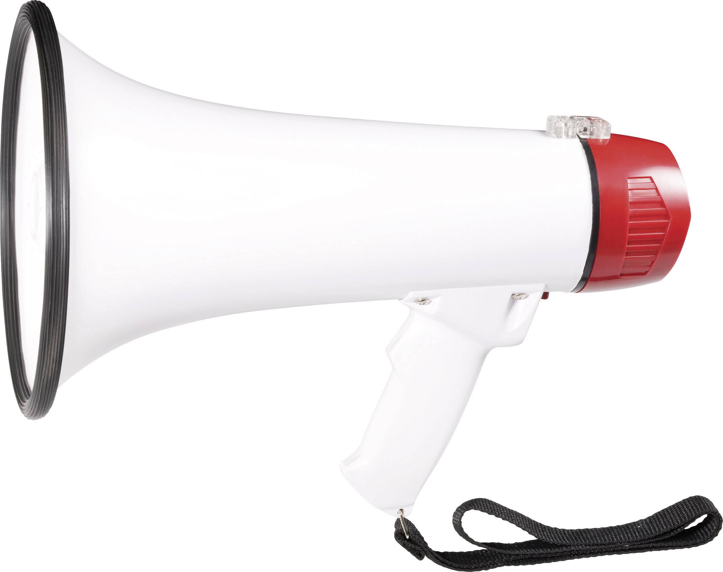 A white megaphone with a red handle and carrying strap, designed to amplify voices in large crowds.