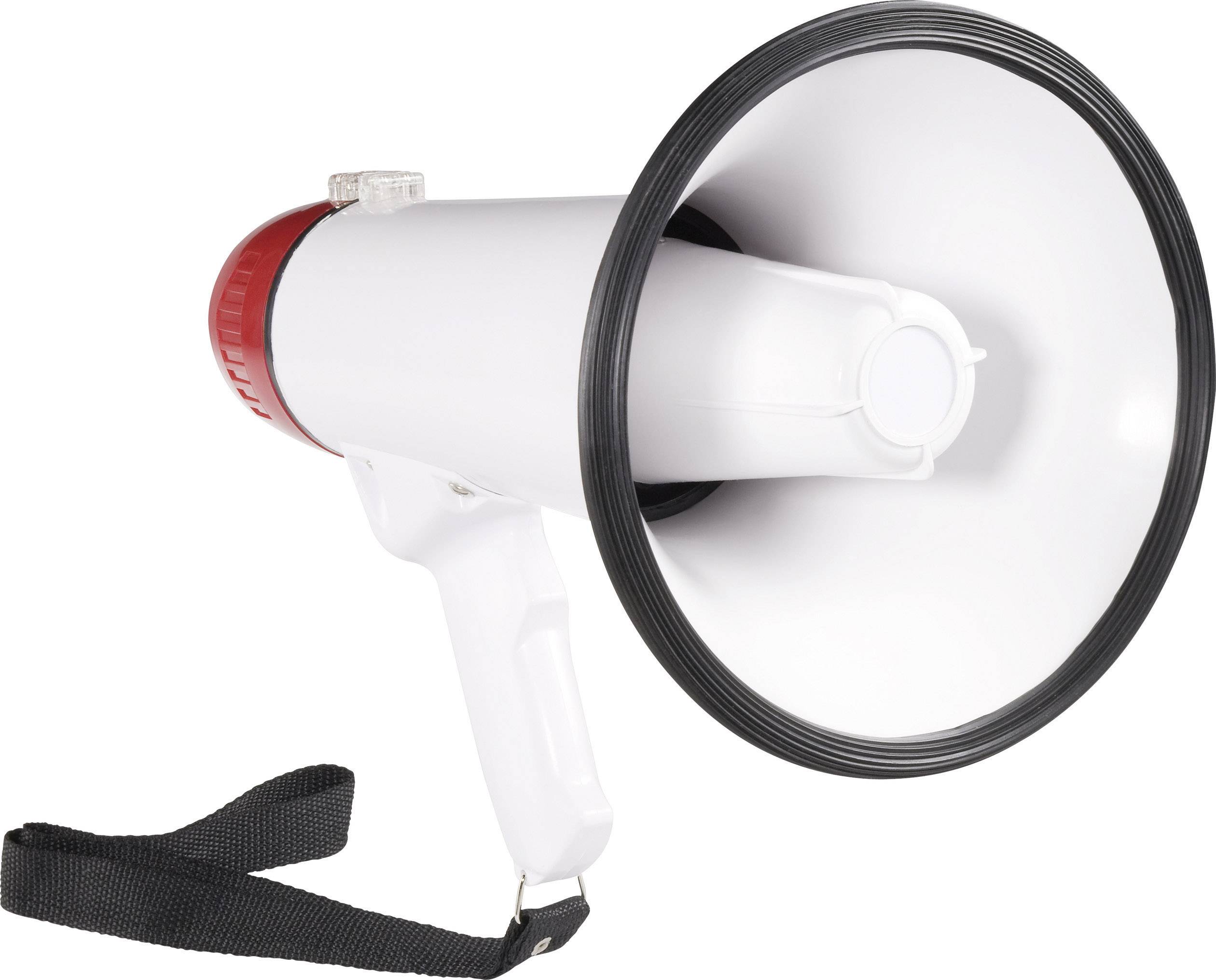 A white megaphone with a black border and red activation button, suitable for amplifying speech at events or demonstrations.
