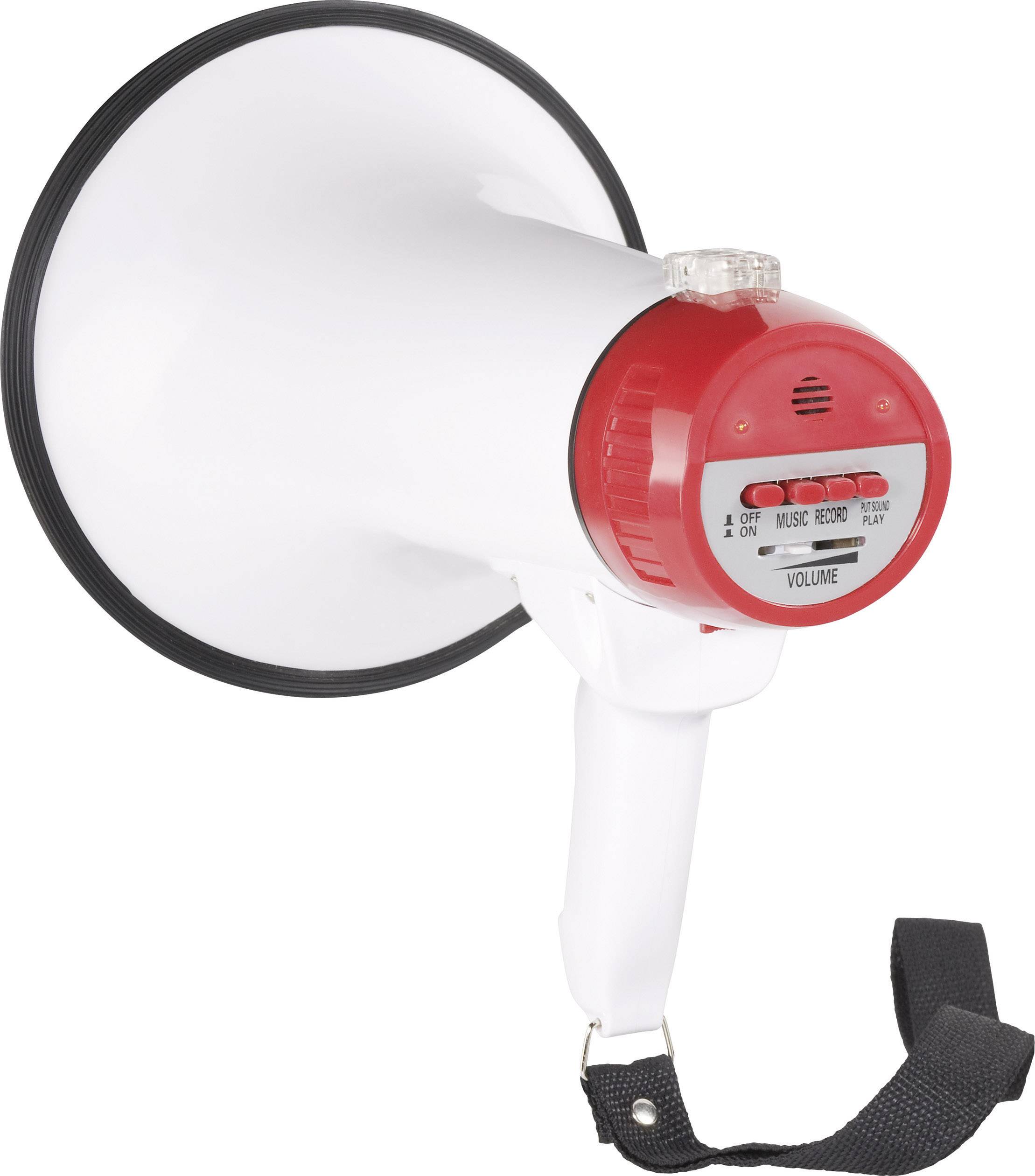 White megaphone with red speaker, volume control and mode switch for music, recording and playback. Black carrying strap.