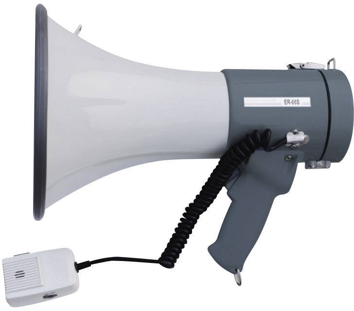 Megaphone with a grey casing and white horn, with a cable and microphone attached, set against a white background.
