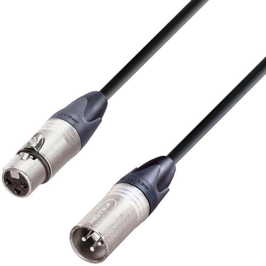 An XLR cable with male and female connectors, used for professional audio connections.