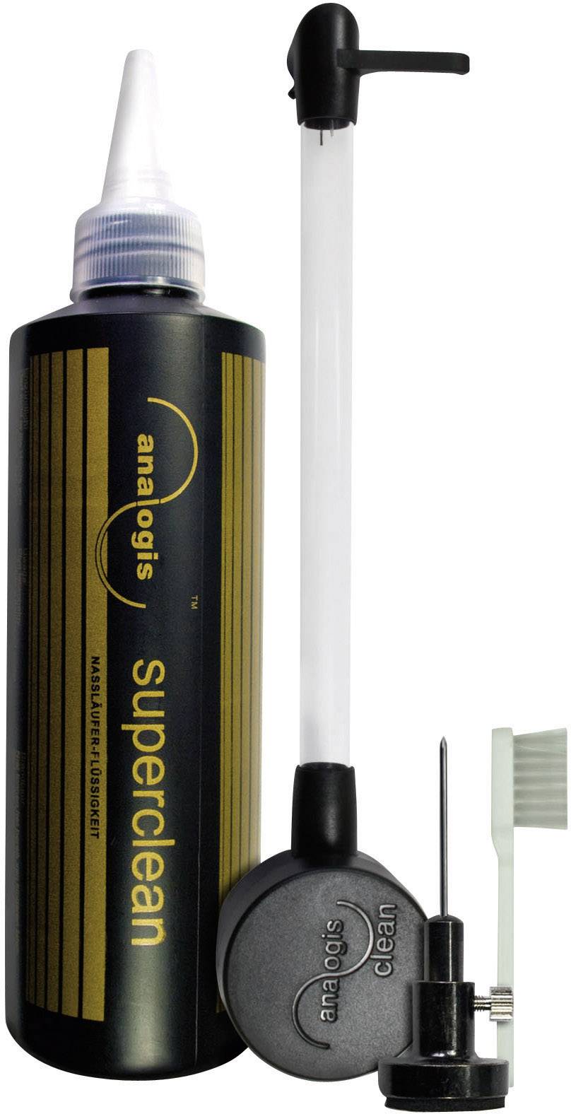 Record player cleaning kit with liquid, brush and applicator. Marked with 'Ana Logis Superclean'.