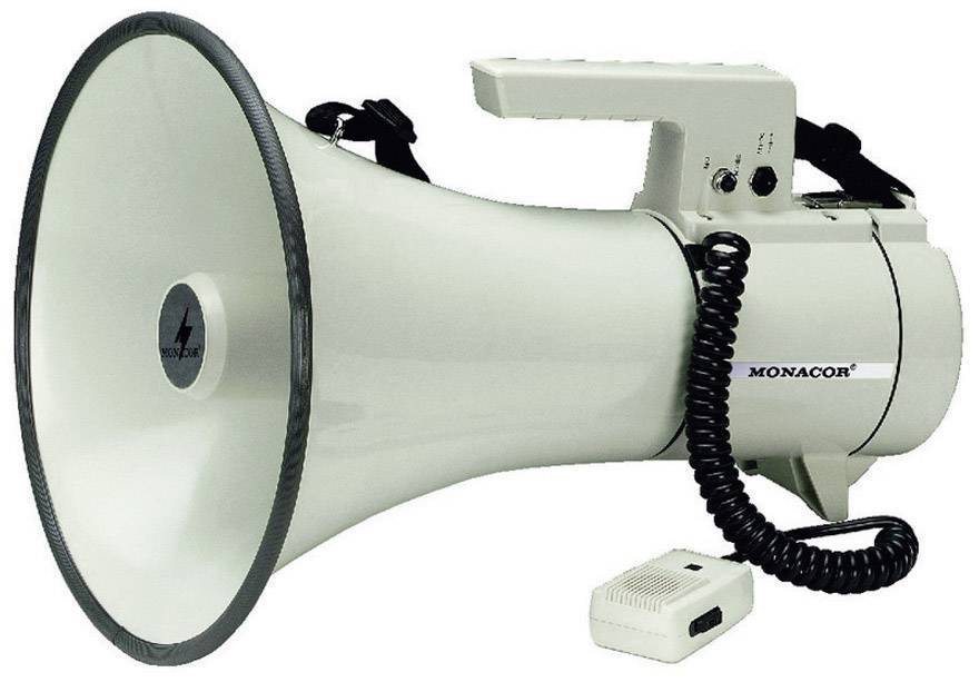 A white megaphone with a handle and microphone, connected by a spiral cable, shows the front view.