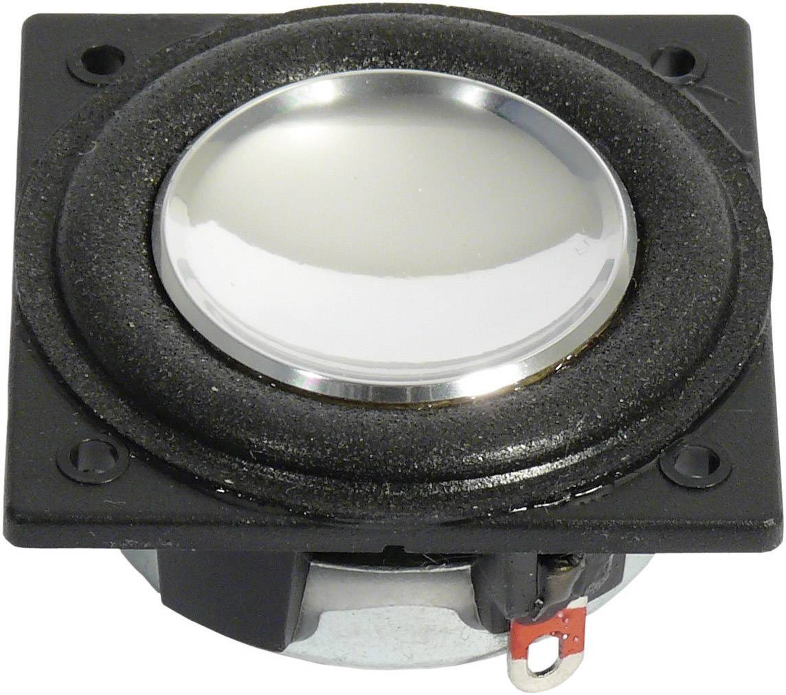A square speaker with a round, silver membrane in the centre and a black frame. Ideal for audio projects.