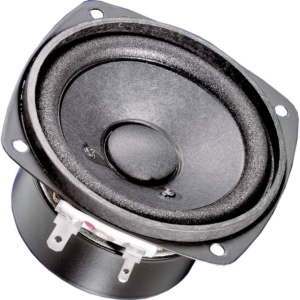 A black speaker with a round membrane cone and metal frame, photographed from a slightly elevated angle.