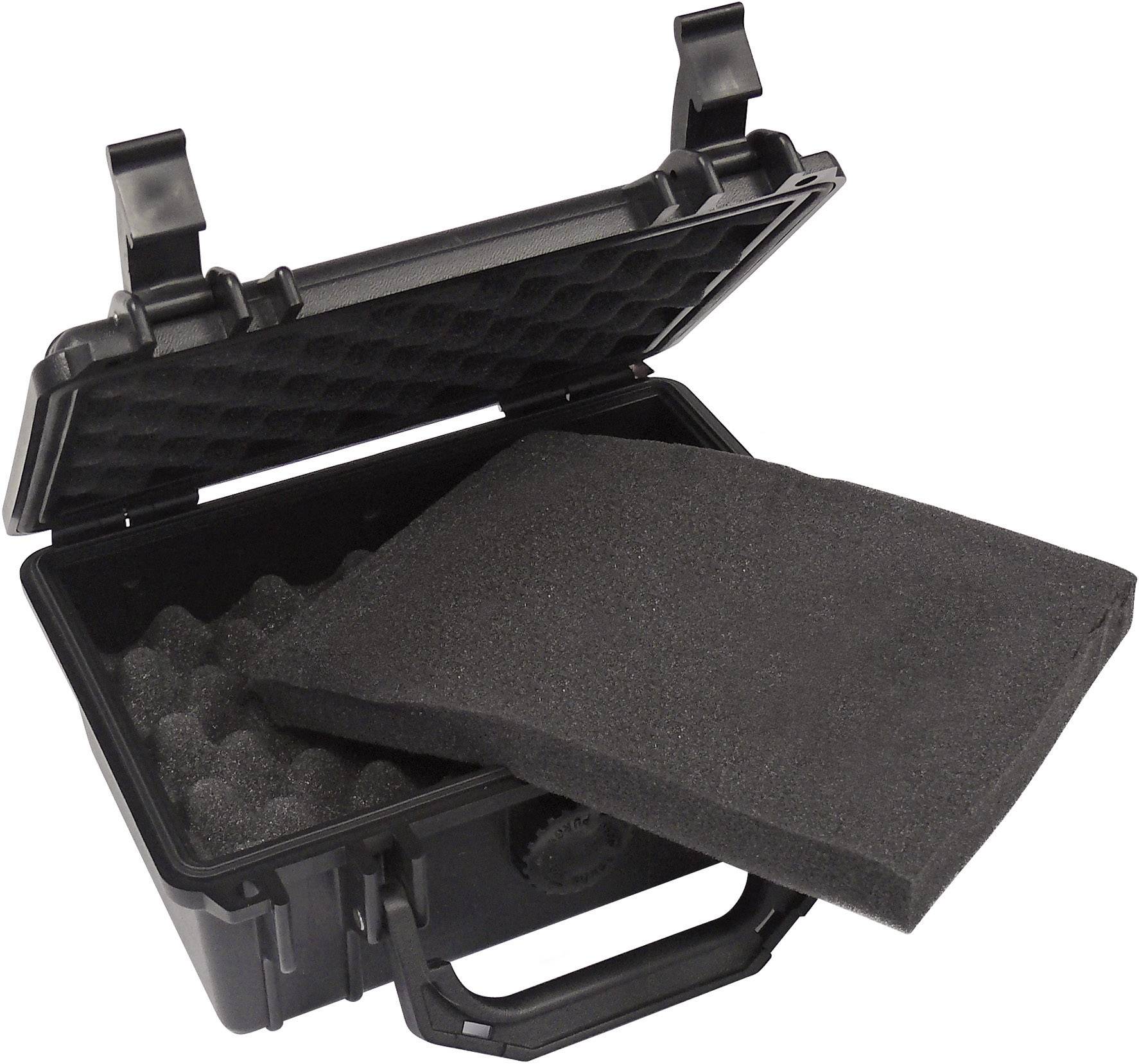 Black, open suitcase with foam lining that protects the contents from impacts. Ideal for safely transporting delicate items.