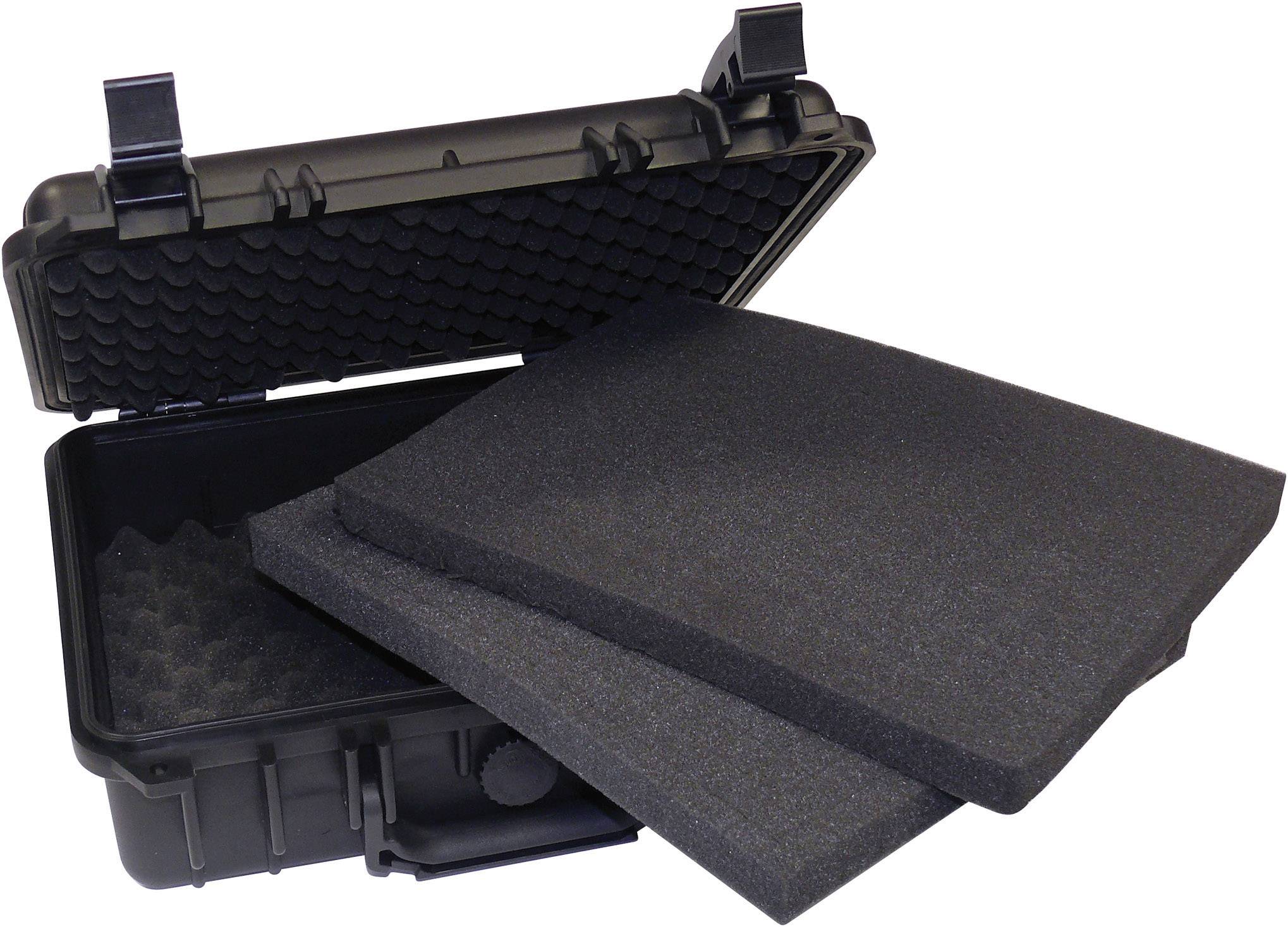 Open, black protective case with foam padding, suitable for securely storing and transporting delicate items.