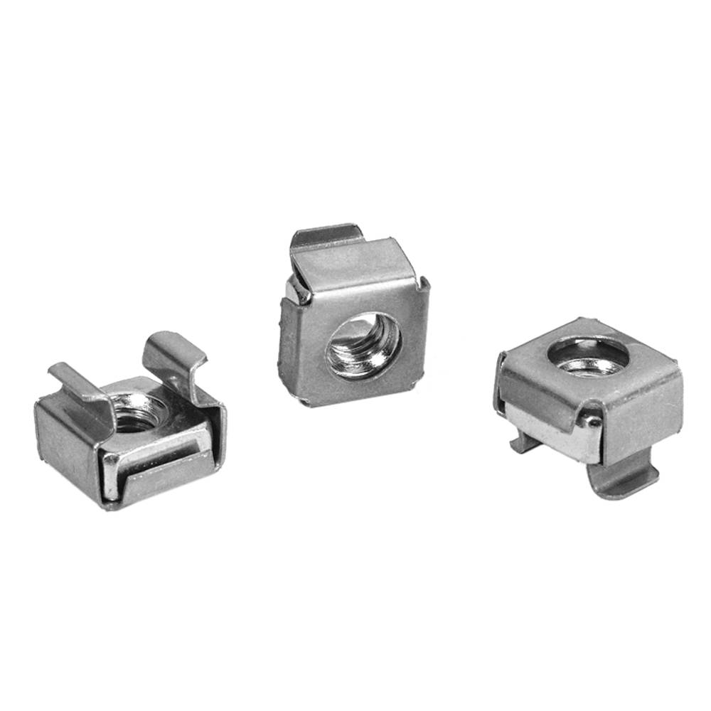 Three silver metal cage nuts on a white background. They have a square shape with an internal thread for screws.