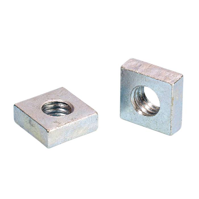 Two square metal nuts, one lying down and one standing up. The nuts have a central threaded hole.