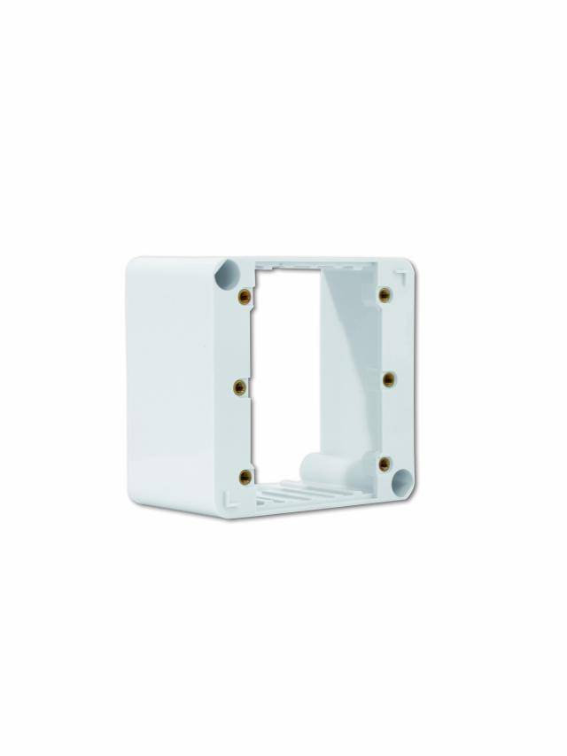 A white, rectangular wall-mounted enclosure with an opening and multiple screw holes, suitable for electronic installations.