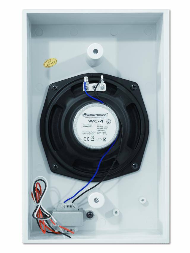 Ceiling loudspeakers for professional audio technology, with wiring and connections, suitable for wall or ceiling mounting.