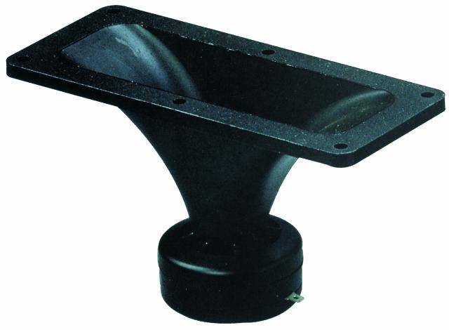 A black horn speaker adapter with a rectangular opening and a round connection end.
