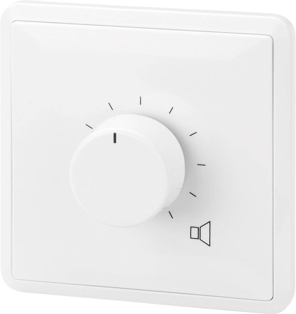 A white volume control with a dial marked from 0 to maximum. A speaker symbol is displayed in the bottom right.