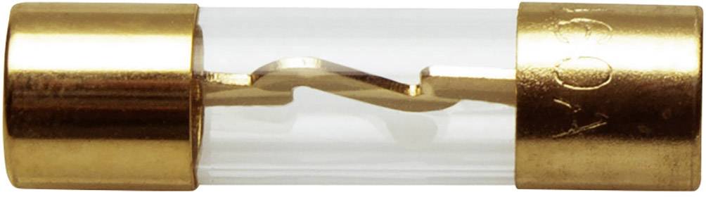 Glass fuse with golden end caps and visible metal connection inside. Used for protecting electrical circuits.
