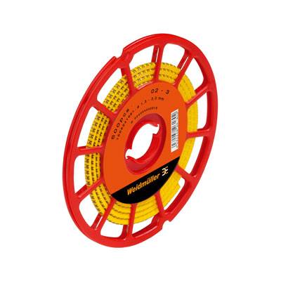 A red reel housing with a yellow identification band by Weidmüller, used for marking electrical cables.