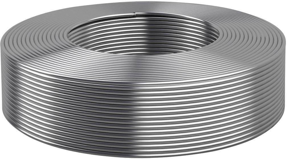 A large reel of shiny, silver metallic tape, wound in a spiral.
