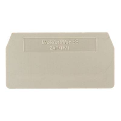Cover plate with the inscription 'Weidmüller ZAP/TW1'. Rectangular, beige plastic plate, used for covering electrical connections.