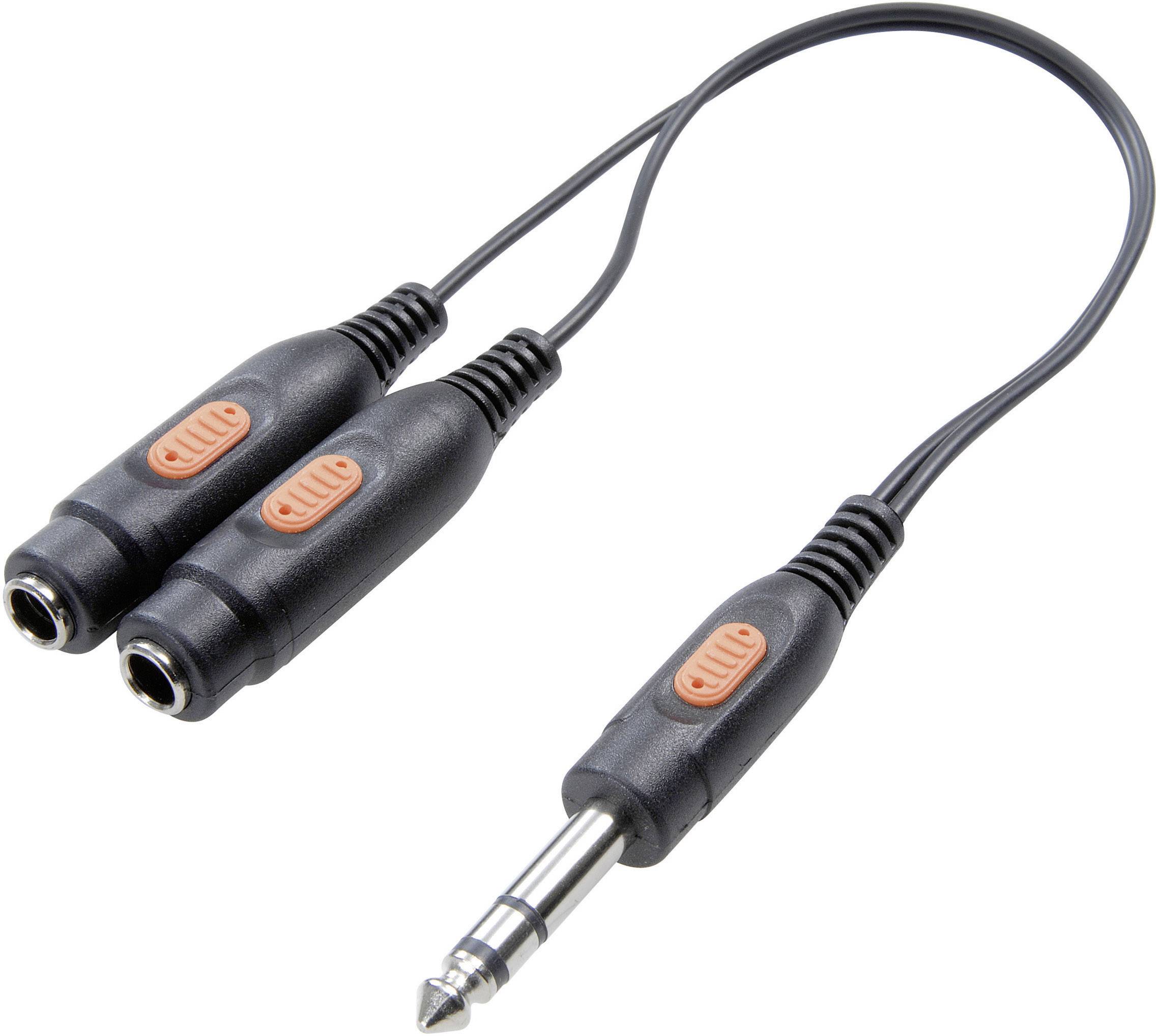 A Y-adapter cable with a 6.35 mm jack plug to two 6.35 mm sockets, used for splitting an audio signal.