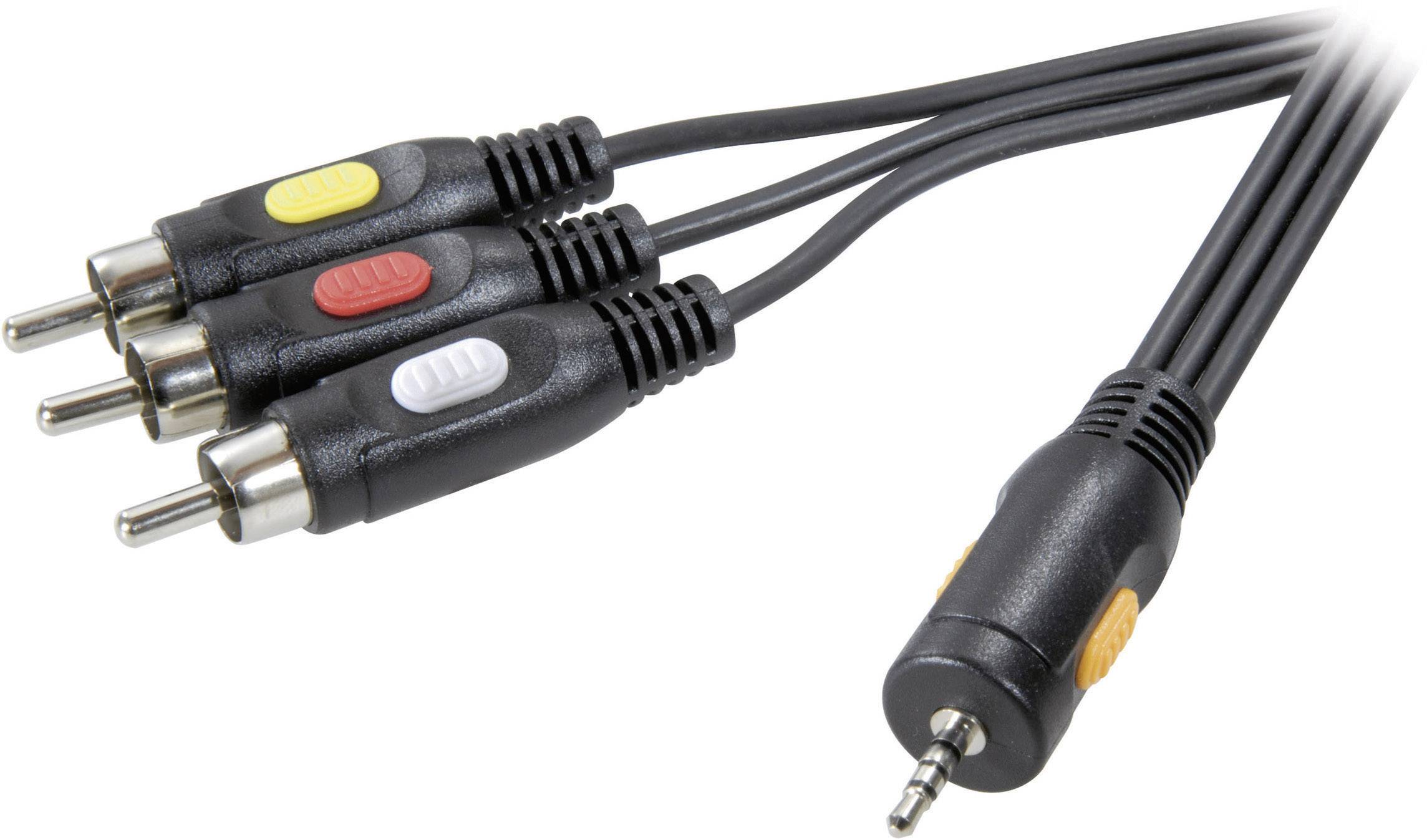 A cable with four colour-coded RCA plugs (yellow, red, white, black) on one side and a 3.5 mm jack plug on the other.