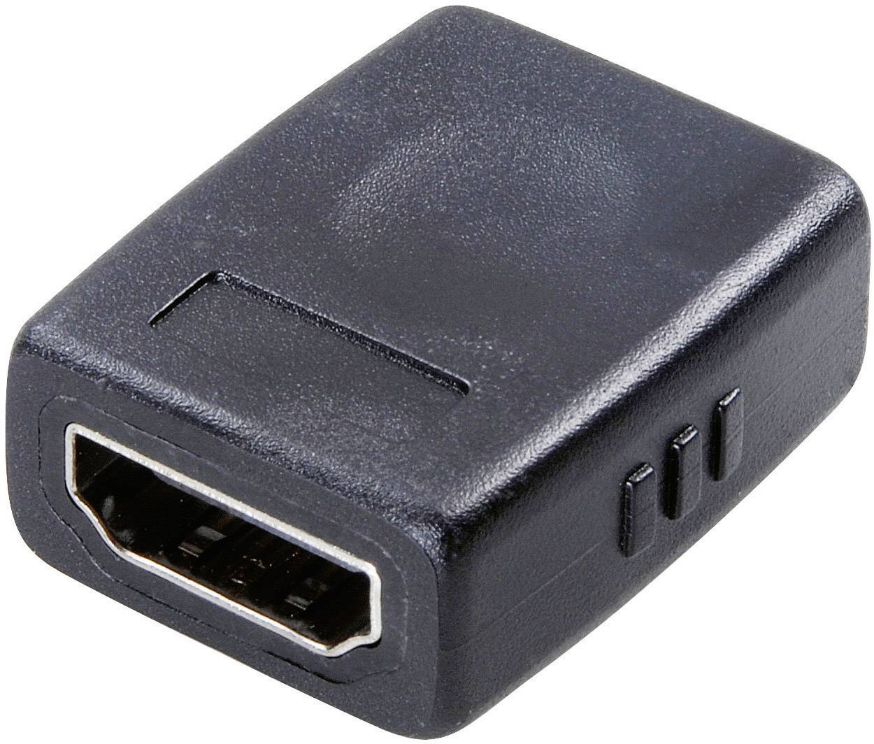 A black HDMI adapter with a female HDMI socket on the front, suitable for connecting HDMI cables.