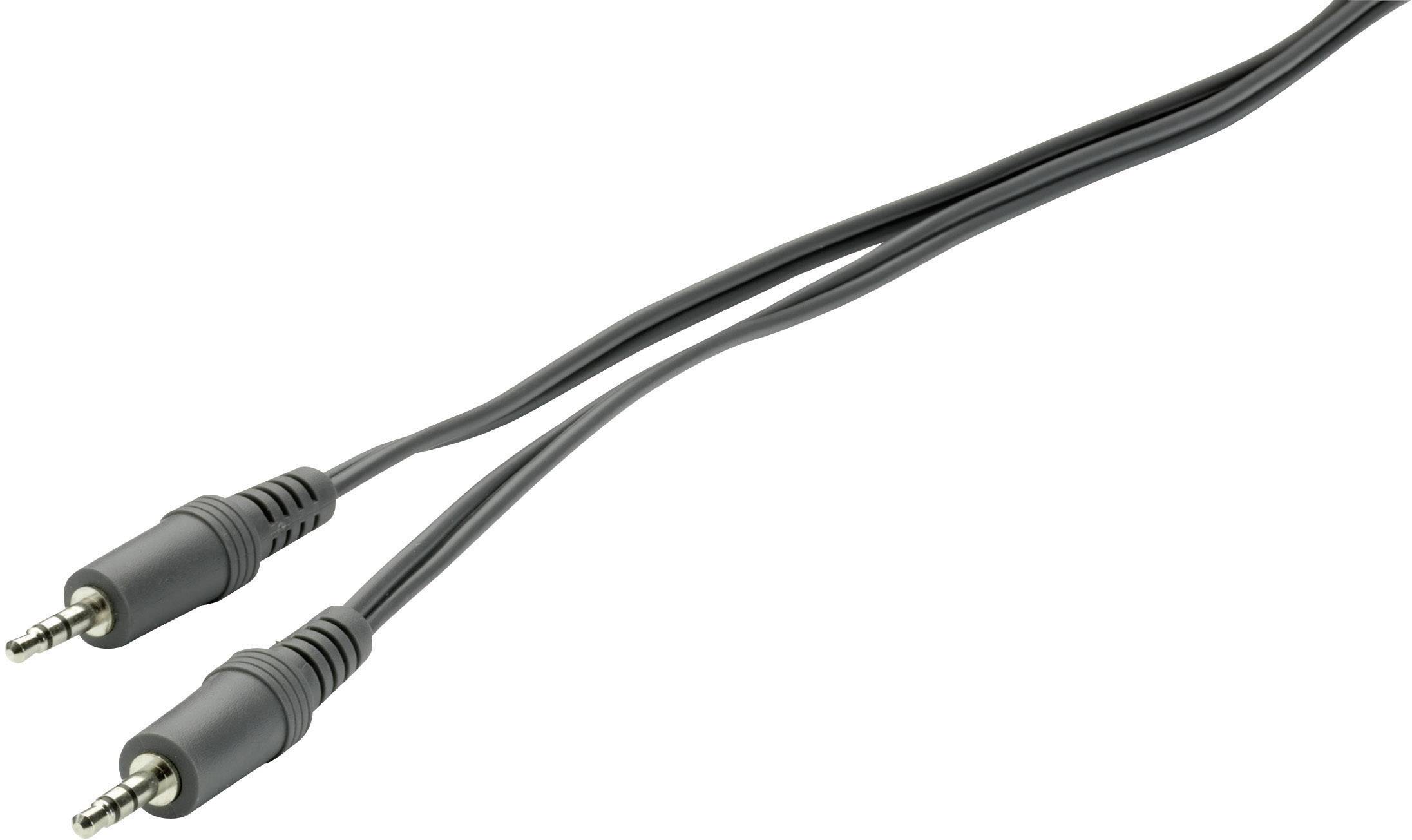 Grey audio cable with two 3.5 mm jack plugs, commonly used for headphone or speaker connections.