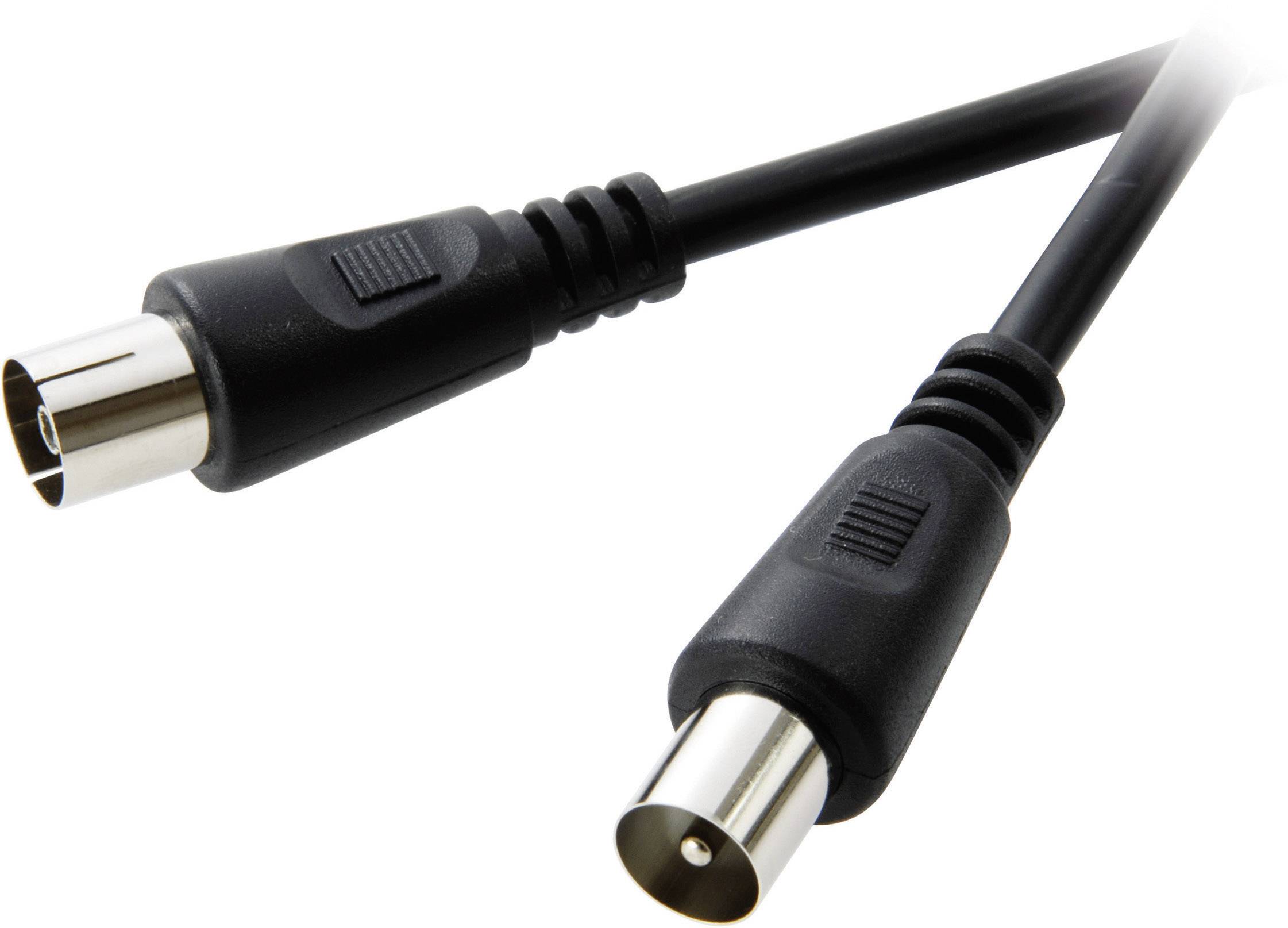 A black coaxial cable with two connectors, used for connecting televisions or other electronic devices.