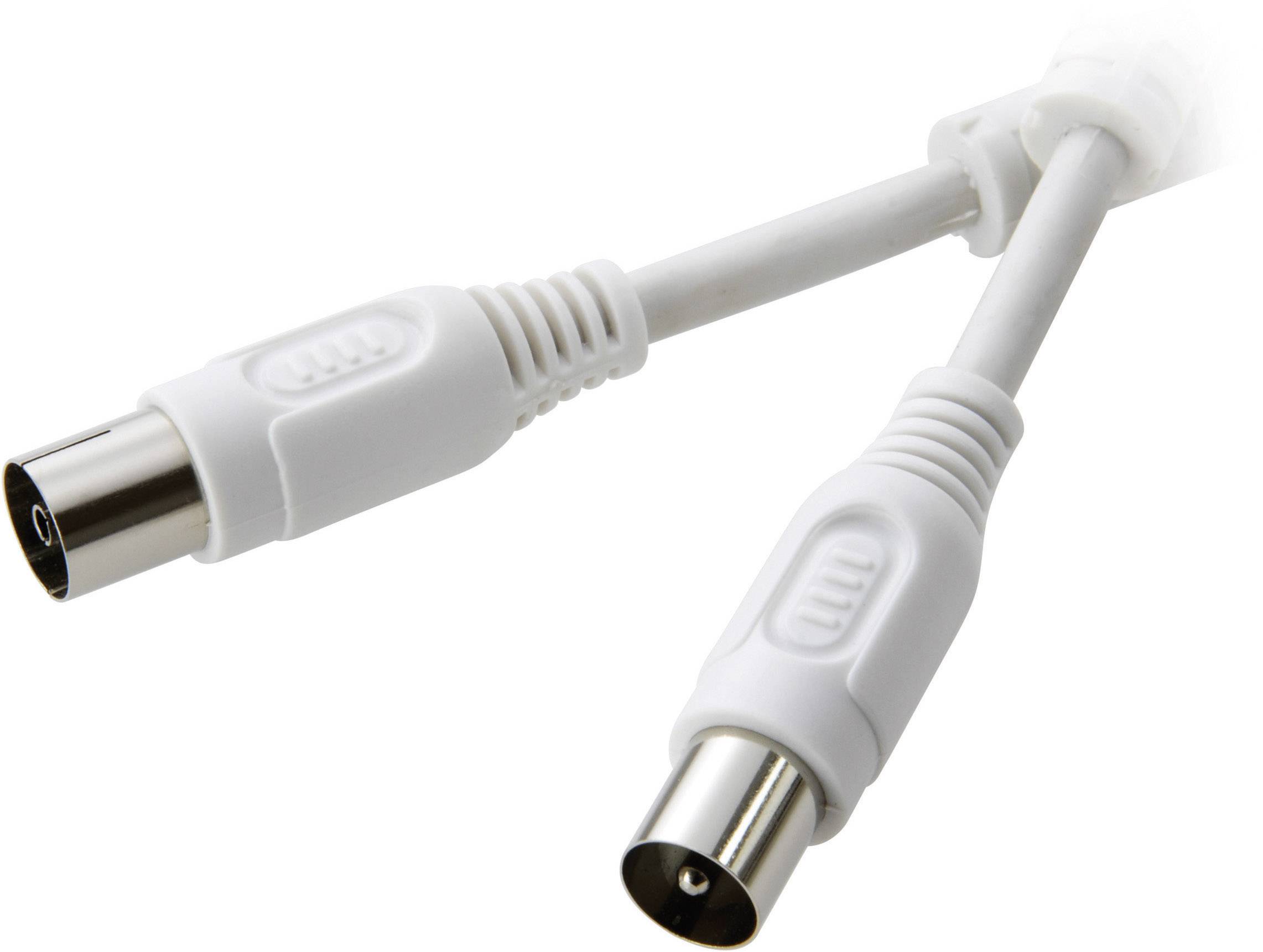 Two white antenna cables with metal connectors, suitable for connecting TV devices or receivers.